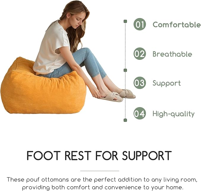 HIGOGOGO Square Stuffed Pouf Ottoman, Corduroy Poufs with Foam Chunk Filling, Furry and Fluffy Pouf Foot Stool Storage Ottoman, 25.6 X 25.6 Floor Poufs Foot Rest for Living Room, Orange-Ruum Studio Home