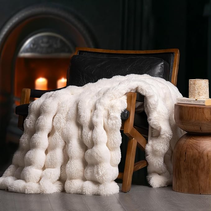 EVERGRACE Ultra Soft Luxury Fluffy Ridgeline Faux Rabbit Fur Throw Blanket, Thick Warm Bubble Throw for Bed, Cozy Plush Reversible Blankets for Couch, Chair, Sofa, Ivory White, 50x60 Inches, 870 GSM-Ruum Studio Home