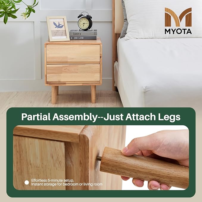 Modern Solid Wood Nightstand with Drawers - Mid Century Modern 2 Drawer Natural Wooden Small Narrow Nightstand Bedside Side End Table with Storage for Living Room Bedroom, 15.7" D x 17.1" W x 19.6" H-Ruum Studio Home