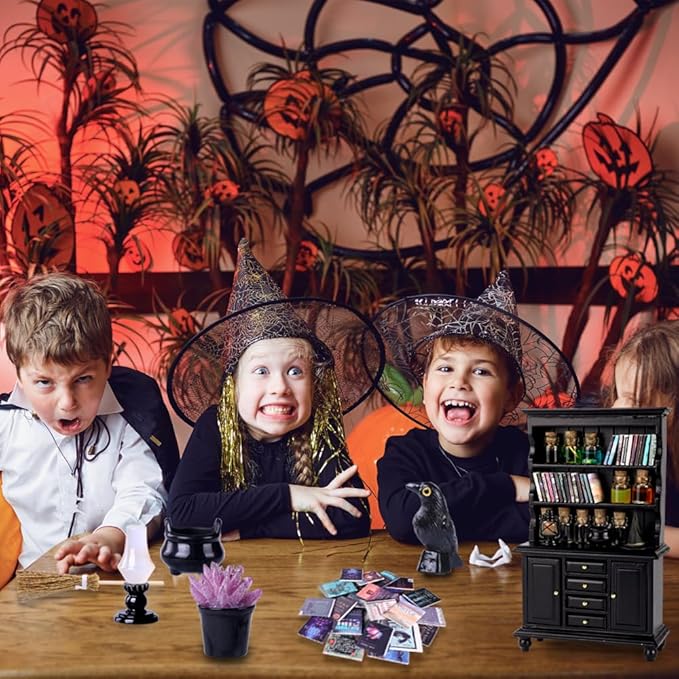 56 Pcs Halloween Miniatures Decorations 1:12 Scale Magic House Accessories Mini Wooden Bookshelf Furniture Set Tiny Sorcery Bottles Books Desk Chair Witch Hat Dollhouse Decor-Ruum Studio Home