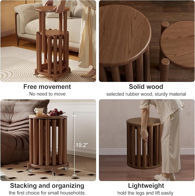 Stackable Stools Set of 4, Wooden Stool 18 Inch Stool Stackable Side Tables Nesting Table Sturdy and Durable, No Installation Required for End Table,Top Stackable Round Stools (Walnut Mobile)-Ruum Studio Home