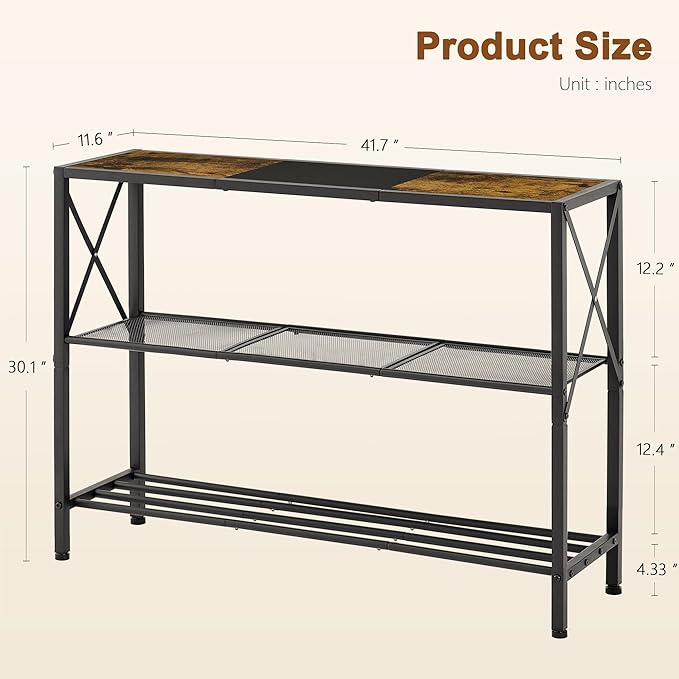 Hoctieon Industrial Console Table, 3 Tier Entryway Table, Hallway Table, Narrow Sofa Table with Shelves, Entrance Table for Entryway, Rustic Brown&Black-Ruum Studio Home