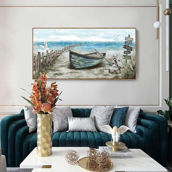 Extra Large Framed Wall Art for Living Room Coastal Décor Rustic Rowboat Canvas Print Big Beach Themed Painting Seagull Vintage Boat Sea Bird Artwork Oversized Blue Teal Seaside Ocean Picture for-Ruum Studio Home