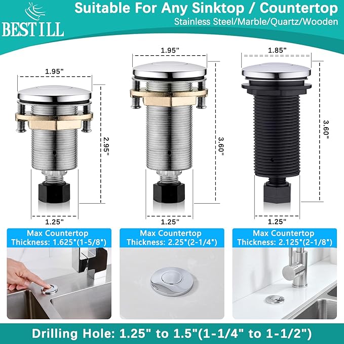 BESTILL Garbage Disposal Air Switch Kit - UL Listed, Brass 3.6" Long Push Button for Waste Disposer, Cordless Sink Top Switch Button, Polished Chrome, Compatible with all Garbage Disposals-Ruum Studio Home