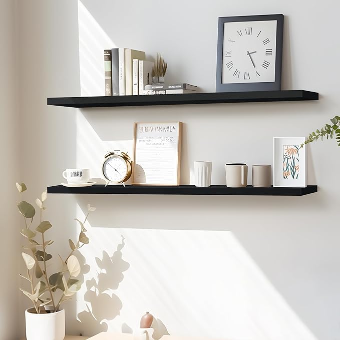 LaVie Home Floating Shelves, 47 Inch Wall Shelf Set of 2, Hanging Shelf with Invisible Brackets, Wall Decor for Bathroom, Bedroom, Living Room, Kitchen Storage,Classic Black-Ruum Studio Home