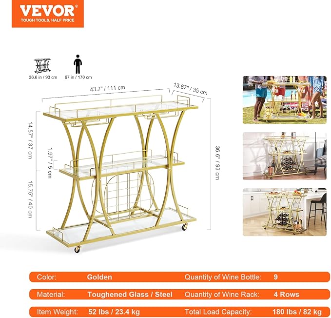 VEVOR Bar Cart Gold, 3 Tiers Home Bar Serving Cart on Lockable Wheels, Rolling Alcohol Cart with Tempered Glass Shelves Guardrail Wine Rack, Modern Wine Cart for Home Kitchen Dining and Living Room-Ruum Studio Home