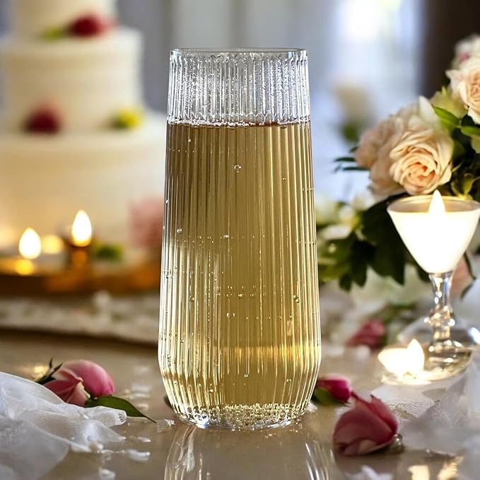 24 Pack Ribbed Origami Ripple Plastic Glasses, 12-9 Ounce Stemless Champagne Flutes & 12-12 Ounce Cups, BPA-Free Disposable Shatterproof Toasting Glasses for Weddings, Bars, and Events (Clear)-Ruum Studio Home