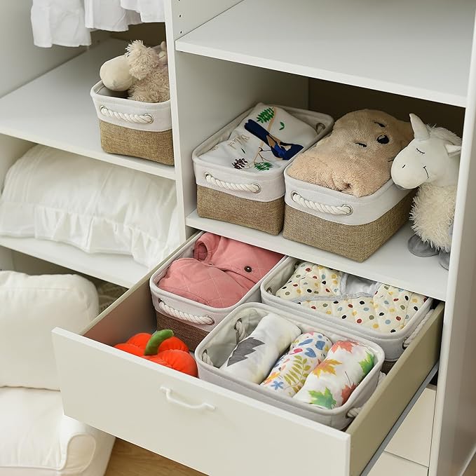 TheWarmHome Storage Basket for Organizing - 1 Pack 12x8x5.2 inch Baskets for Gifts Empty with Handles, Fabric Storage Cubes for Organizer Closet Dog Gift Cloth Toy (Whiet & Khaki)-Ruum Studio Home