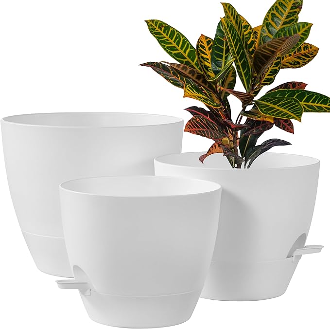 FaithLand 3-Pack Large Planter Pots, 12 10 9 Inch Self Watering Flower Pots for Indoor Outdoor Garden Plants, White-Ruum Studio Home
