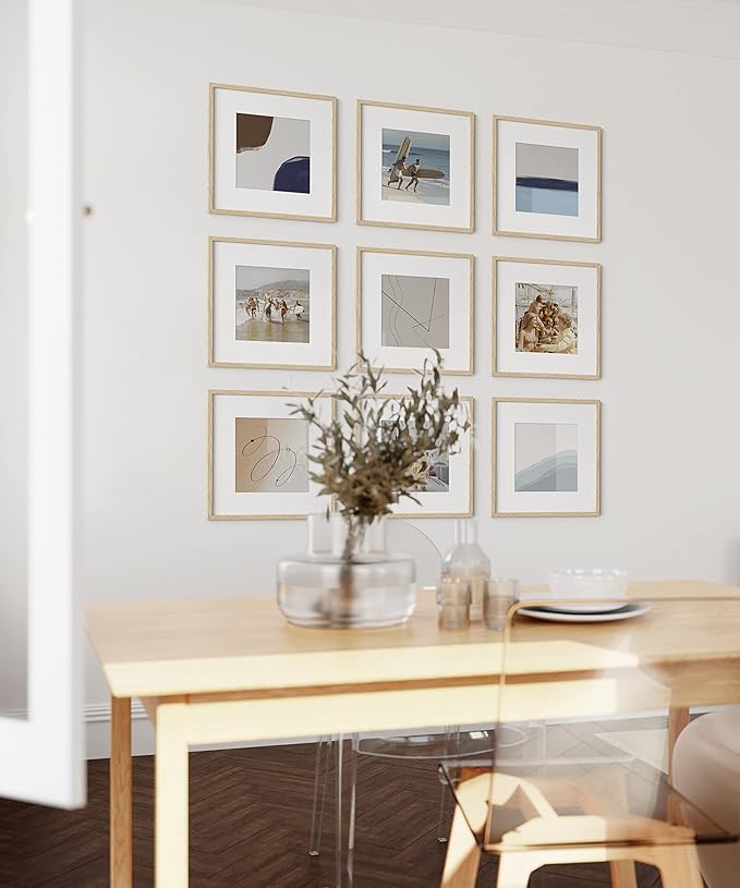 HAUS AND HUES Square Picture Frames 12 x 12 Set of 9 - Photo Gallery Wall Frame Set, Wood 12x12 Frames, 12 x 12 Frames Gallery Wall Set, 12x12 Frame with Mat, Square Frames 12x12 (Beige Oak Frames)-Ruum Studio Home