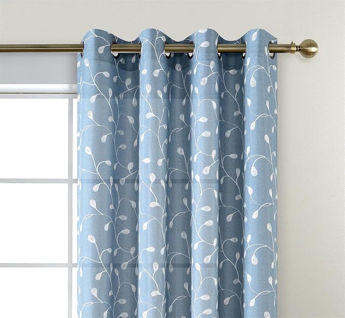 MIUCO Floral Embroidery Semi Sheer Curtains Faux Linen Grommet Curtains for Bedroom 52 x 63 Inch 2 Panels, Dusty Blue-Ruum Studio Home