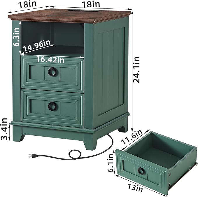 18" Farmhouse Night Stands Set of 2 with Charging Station, 2 Drawers Bedside End Table, Green Wooden Nightstand, Bed Side Table Cabinet with Open Shelf for Bedroom Living Room Office-Ruum Studio Home