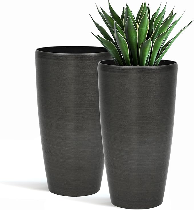 22.8" Resin Planters for Outdoor Plants, Set of 2 Modern Large Flower Pots with Handmade Brushed Metal Finish, Weather Resistant for Indoor/Outdoor Year-Round Use-Ruum Studio Home