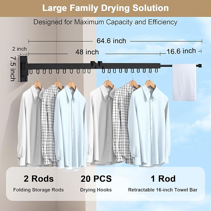 Bakala Clothes Drying Rack Foldable, Laundry Drying Rack Clothing Wall Mounted, Clothing Racks for Hanging Clothes, Heavy-duty Space Saving Hanger,Retractable,Expandable,Collapsible, 64" (Hooks,Black)-Ruum Studio Home