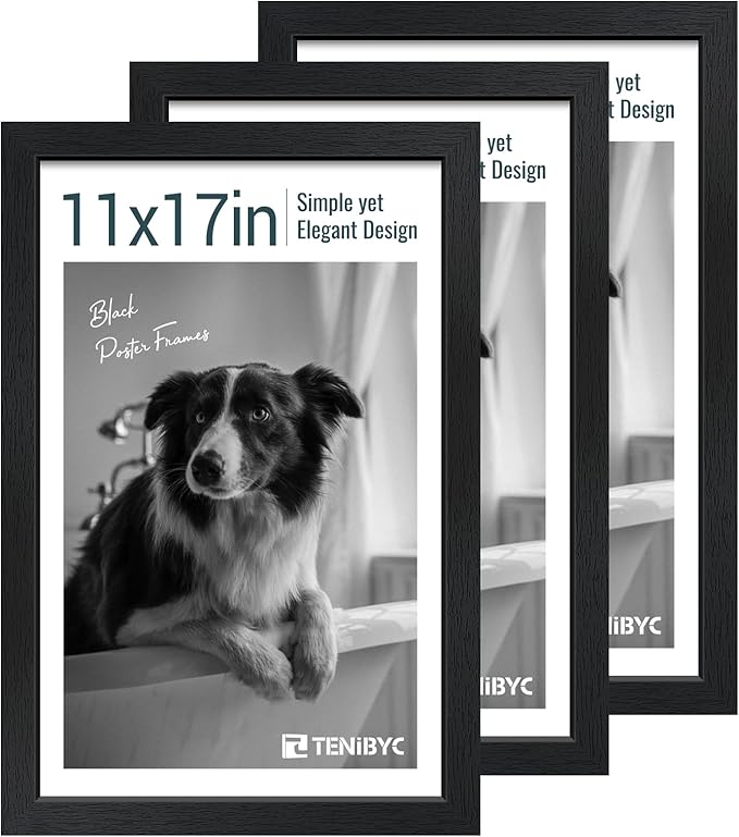 11x17 Picture Frame 3 Pack - Black Woodgrain, Solid Wood & HD Tempered Glass, Wall Gallery Poster Frame-Ruum Studio Home