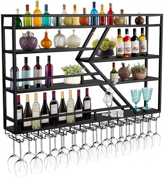 Wall Mounted Wine Rack with Glass Holder, 3-Tier Metal Storage Shelf, Black Diamond Design, Wine Bottle Display with Stemware Storage (Black, 31.49in/Left)-Ruum Studio Home