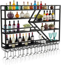 Wall Mounted Wine Rack with Glass Holder, 3-Tier Metal Storage Shelf, Black Diamond Design, Wine Bottle Display with Stemware Storage (Black, 31.49in/Left)-Ruum Studio Home