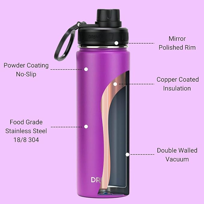 DRINCO Stainless Steel Water Bottle Spout Lid Vacuum Insulated Double Wall Water Bottle Wide Mouth (40oz 32oz 22oz 18oz 14oz) Leak Proof Keep Cold Sport Camping Hiking (22 oz, 22oz Purple)-Ruum Studio Home
