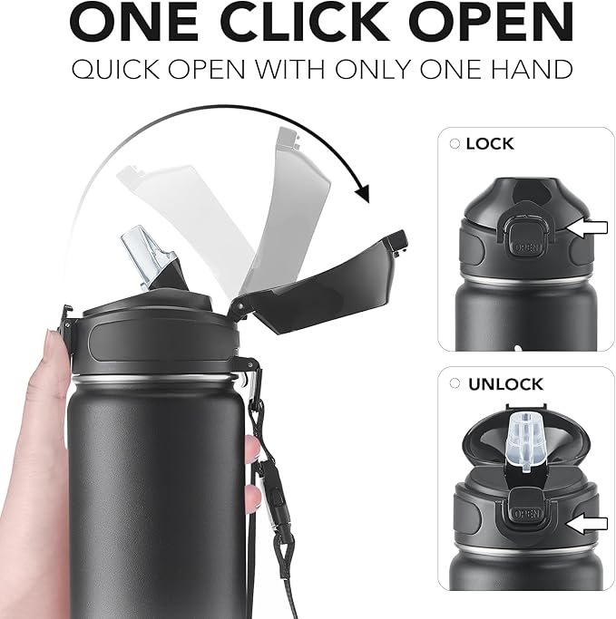 Enerbone 24 oz Insulated Water Bottle, Stainless Steel Bottle with Carrying Strap, Double-Wall Vacuum Insulation Design, Leakproof Sports Bottle with Straw, Keep Drinks Cold or Hot for Hours-Ruum Studio Home
