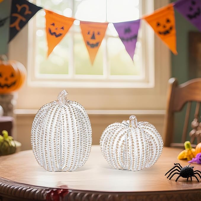 2Pcs Halloween Pumpkin Artificial Resin Pumpkins Decor for Mantel Harvest Autumn Tabletop Decoration Gold Fall Pumpkin Decorations Thanksgiving Table Centerpieces (Set A, ONE Size)-Ruum Studio Home