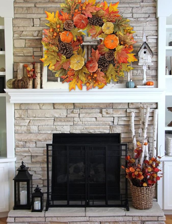 Fall Wreaths for Front Door 26'' Autumn Velvet Pumpkin Wreath with Metal Hook Large Harvest Maple Wreath Fall Decoration for Home Halloween Thanksgiving Decoration, Briful-Ruum Studio Home