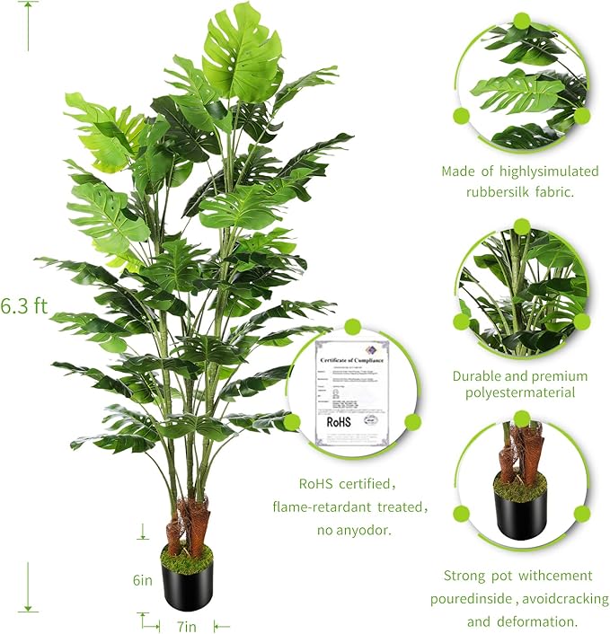 6.3ft Artificial Monstera Deliciosa Tree (75in) with Plastic Nursery Pot Faux Tree, Fake Tropical Split Leaf Palm Plant for Office House Farmhouse Living Room Home Decor (Indoor/Outdoor)-Ruum Studio Home