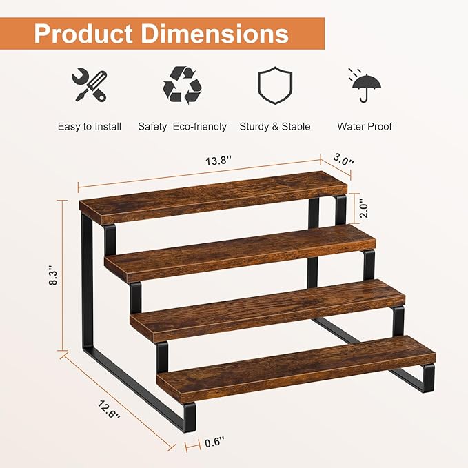 Giikin 4 Tier Spice Rack, Wooden Spice Rack for Countertop, Kitchen Counter Storage Shelves Cupcake Stand Holder Display Stand, Rustic Brown-Ruum Studio Home