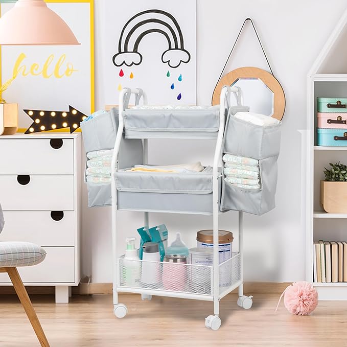 Moteph Rolling Utility Cart with Side Storage - Diaper Organizer, Nursery Essentials, and Craft Organizer (with_Side_Storage)-Ruum Studio Home