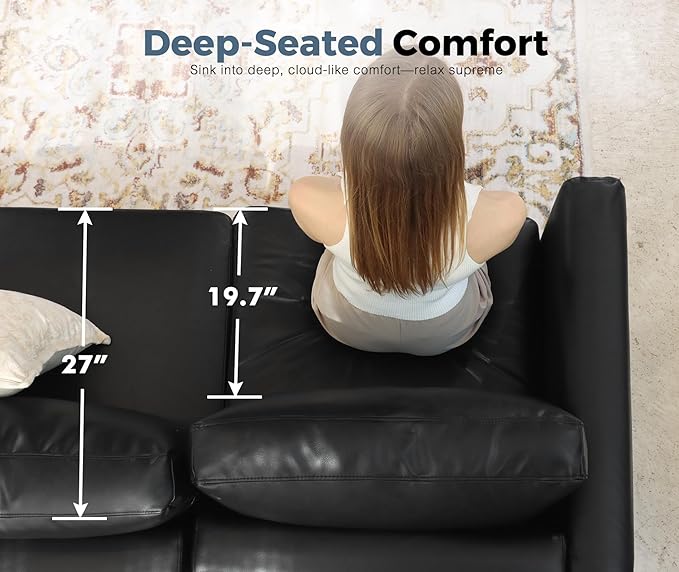 Faux Leather Single Sofa with Storage Ottoman, Modern Accent Chair Deep Seat Large Reading Armchair, Chaise Lounge Chair for Living Room Bedroom Office Black-Ruum Studio Home