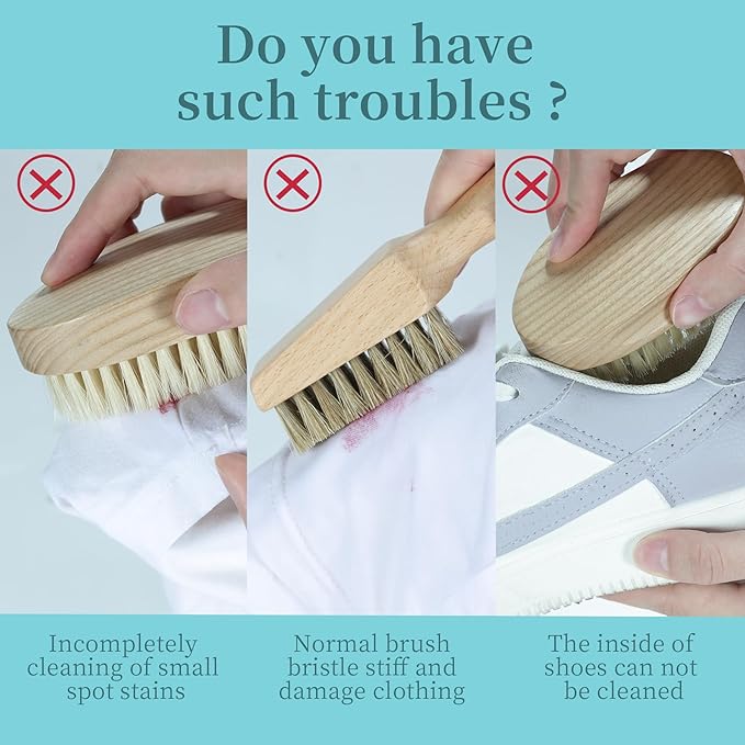 BFWood Laundry Stain Brush, Natural Soft Boar Bristles, Removes Tough Stains from Delicate Fabrics Like Knits, Cotton, and Linens, Gentle on Fabrics, No Damage-Ruum Studio Home