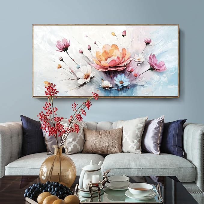 amatop Framed Floral Canvas Wall Art – Oversized Pink Blue Abstract Bloom Flower Print Daisy & Peony Picture Elegant Botanical Nature Large Artwork for Living Room Bedroom Dining Entryway Decor 58x29 inch-Ruum Studio Home