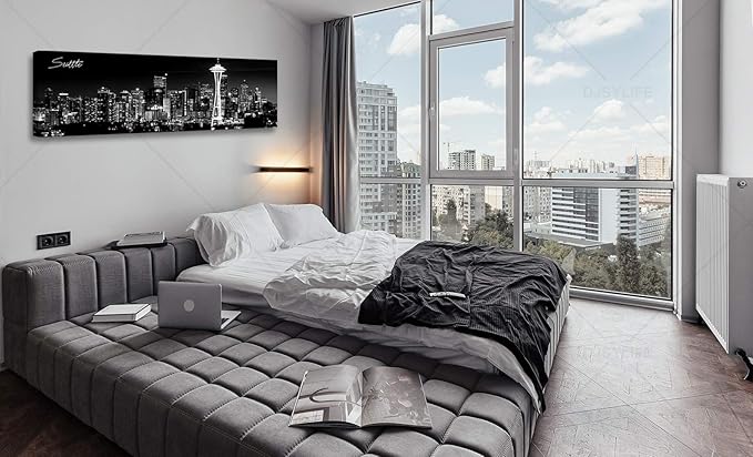 Seattle City Skyline Wall Art Black and White Canvas Prints Panorama Cityscape Picture Night View Painting Poster Modern Artwork Home Decor for Office Living Room - Ready to Hang 13.8" x 47.3"-Ruum Studio Home