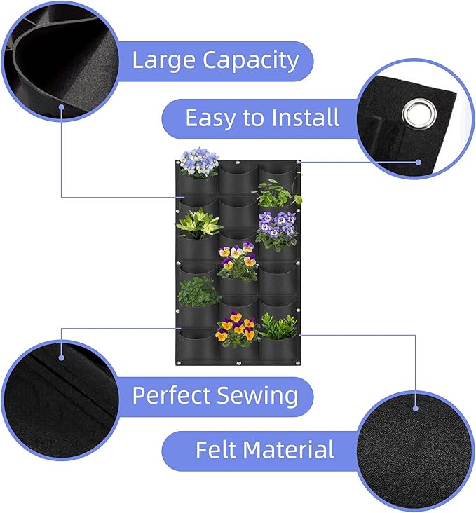 18 Pockets Hanging Planter Bags, Hanging Vertical Wall Mounted Plant Planting Grow Bags, Herb Garden Planter Outdoor Indoor Growing Bag, Gardening Vertical Greening Flower Container(1m×0.5m, Black)-Ruum Studio Home