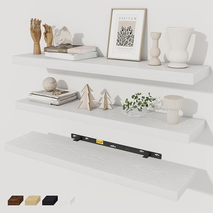 Fun Memories 30 Inch Floating Shelves Set of 3, Farmhouse White Wall Shelves for Kitchen, Living Room, Wall Mounted Bathroom Shelves in Black, 30 x 6.7 x1.4 Inch-Ruum Studio Home