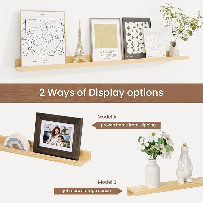 Picture Ledge Shelf, Solid Pine Wood Floating Shelves Set of 2, 32 Inches Nursery Book Shelves for Toys Storage, Kids Bookshelf Wall Mounted for Living Room Decor Photo Frames, Unfinished Natural-Ruum Studio Home