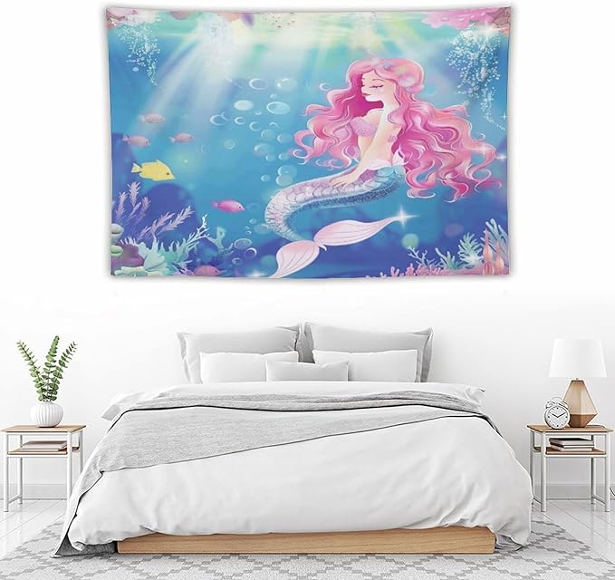 HZOHNAGO Mermaid Girls Tapestry Watercolor Mermaid Princess Pink Hair Pattern for Kids Room Decoration Printed Wall Tapestry Wall Hanging for Bedroom Living Room Dorm 90" W x 60" H-Ruum Studio Home
