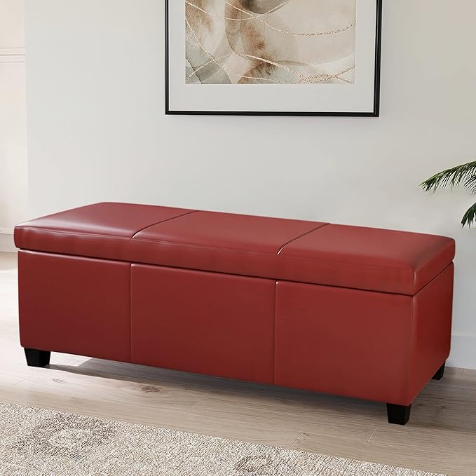 BELLEZE Storage Faux Leather Ottoman, 47 Inch Bench Bedroom Bench with Safety Close Hinge, Extra Long Ottoman with Storage for Living Room, Entryway, Hallway, Foot Rest, Support 300lbs - Red-Ruum Studio Home