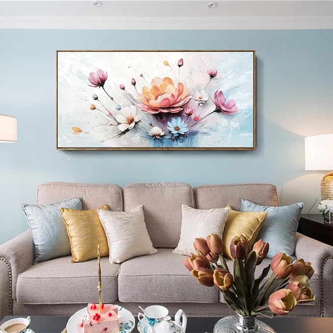 amatop Framed Floral Canvas Wall Art Picture Large Pink Blue Abstract Bloom Bouquet Print with Daisy Peony Elegant Botanical Nature Artwork for Living Room Bedroom Dining Room Entryway Decor 48x24 inch-Ruum Studio Home