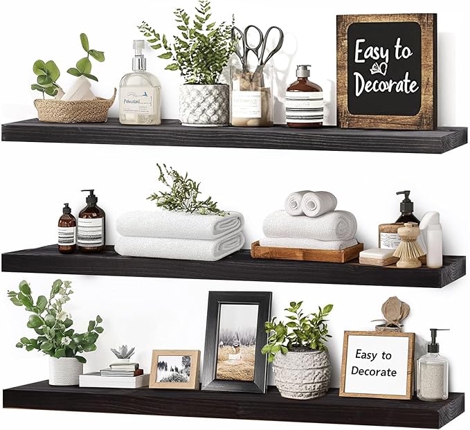 Floating Wall Shelves 3-Pack - 24-Inch Rustic Black Wooden Shelves for Storage and Décor, Easy Installation for Living Room, Bedroom, and Kitchen-Ruum Studio Home