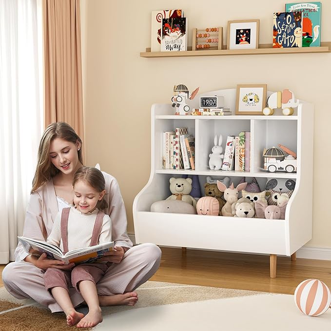 Toy Storage Organizer, 3 Tier Floor Standing Toddler Bookshelf with Legs, 5 Cube Kids Bookshelf and Toy Storage, Book Shelf for Kids Room, Living Room, Nursery, White-Ruum Studio Home