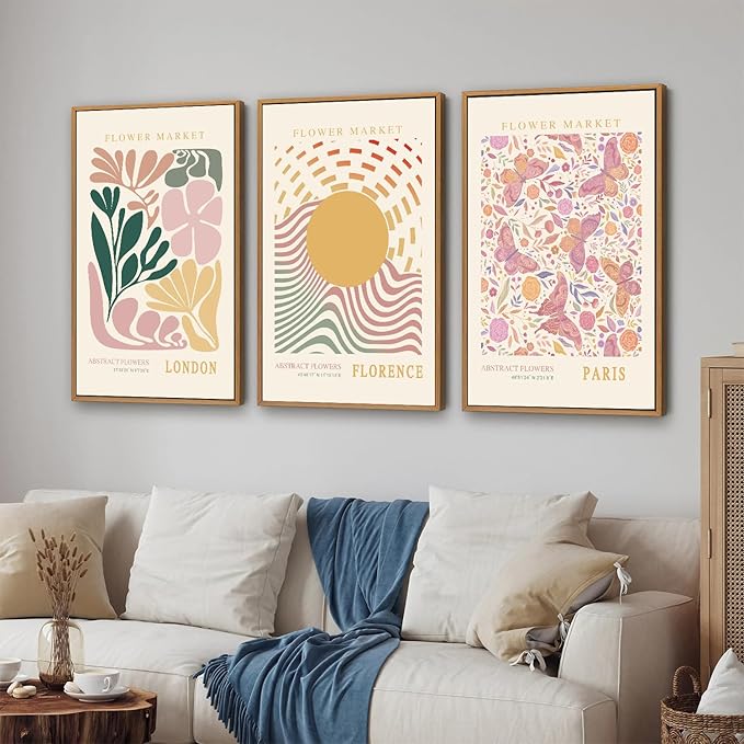 Tinonedraw Boho Flower Market Framed Canvas Wall Art Set, Pink Beige Cute Butterfly Wall Decor, Colorful Abstract Floral Wall Painting, Modern Matisse Art Print for Girls Room Bedroom Office Nursery 16"x24"x3-Ruum Studio Home