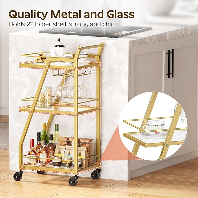 Bar Cart, 3-Tier Bar Cart for The Home, Home Bar Serving Cart with Glass Holders, Beverage Cart for Kitchen, Dining, Party Room, Gold BC03GD-Ruum Studio Home