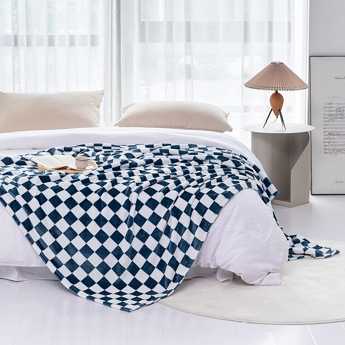 LOMAO Throw Blankets Flannel Blanket with Checkerboard Grid Pattern Soft Throw Blanket for Couch, Bed, Sofa Luxurious Warm and Cozy for All Seasons (Navy, 60"x80")-Ruum Studio Home