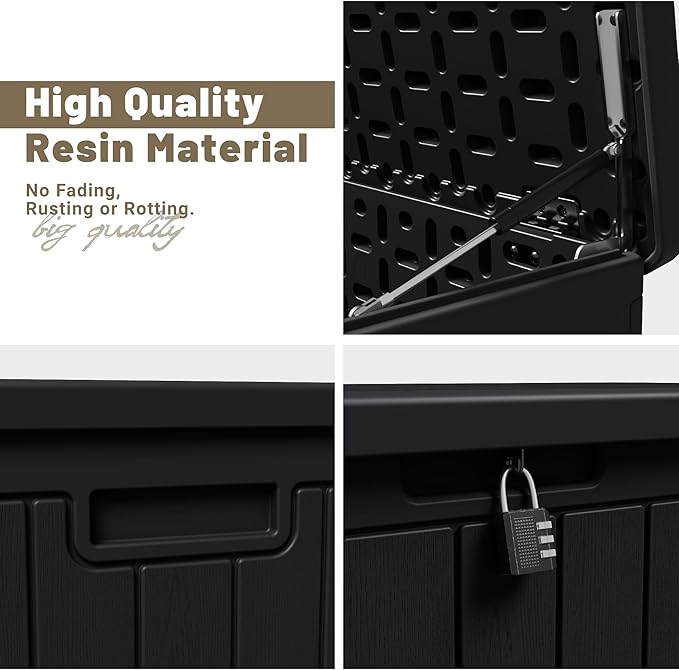 JUMMICO 90 Gallon Waterproof Resin Deck Box, Double Wall Outdoor Storage Box with Lockable Lid for Garden Tools, Patio Cushions, Pools (Black)-Ruum Studio Home