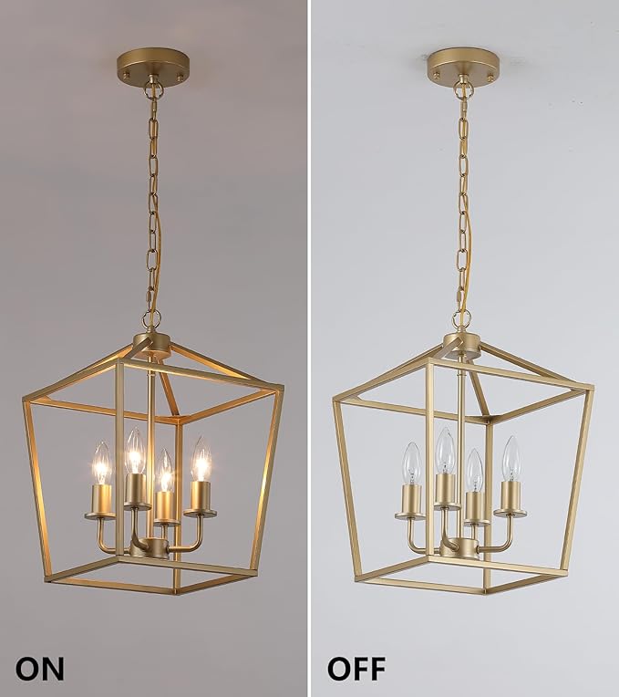 Industrial 4 Lights Chandelier, Gold Lantern Ceiling Light Fixtures with Rustic Metal Cage Adjustable Height Farmhouse Geometric Hanging Light for Kitchen Island, Dining Room, Entryway, UL Listed-Ruum Studio Home