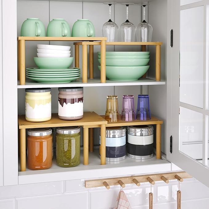 Cabinet Organizer Shelf(Set of 2),Kitchen Counter Shelves,Bamboo Stackable Expandable Spice Rack Countertop(Medium)-Ruum Studio Home