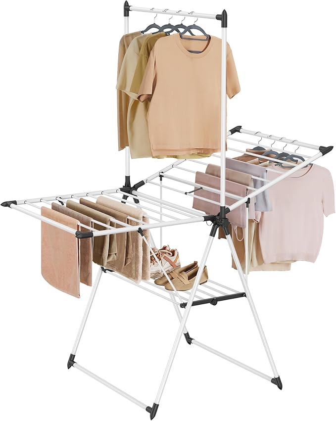 SONGMICS Clothes Drying Rack, Foldable 2-Level Laundry Drying Rack, Free-Standing Airer, 1 Additional Tall Hanging Bar, 2 Height-Adjustable Wings, 24 Drying Rails, Space Savng, Simply White ULLR521W01-Ruum Studio Home