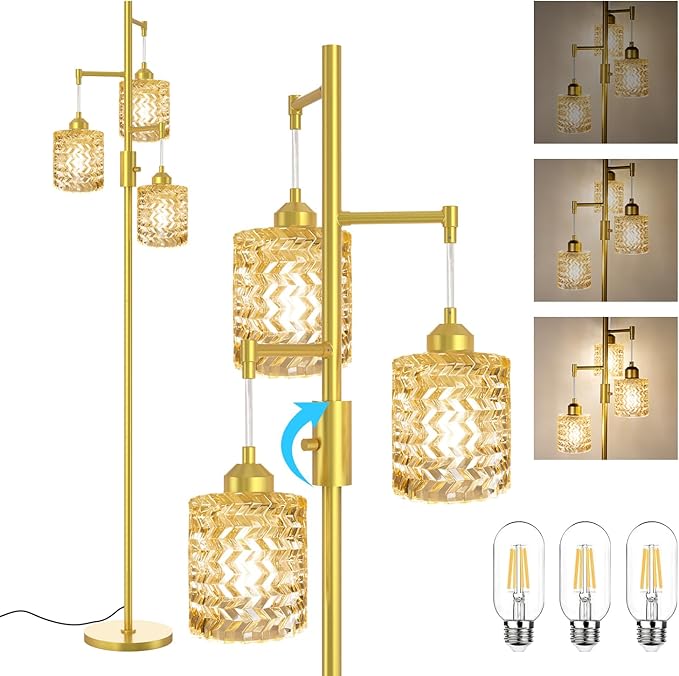 Gold Floor Lamp for Living Room Bedroom, 3-Light Vintage Standing Lamp Stained Glass, Mid Century Modern Tall Floor Lights, Amber Glass Shade with Golden Base-Ruum Studio Home
