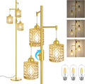 Gold Floor Lamp for Living Room Bedroom, 3-Light Vintage Standing Lamp Stained Glass, Mid Century Modern Tall Floor Lights, Amber Glass Shade with Golden Base-Ruum Studio Home