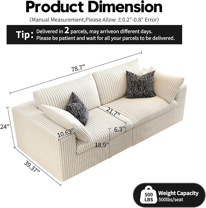 LoveSeat Cloud Couch Modular Sectional Sofa for Living Room,Modern Sofa with Deep Seat，2 Seater Boneless Couch,Comfy Upholstered Corduroy Couches for Apartment, Studio, Office,Bedroom，White-Ruum Studio Home